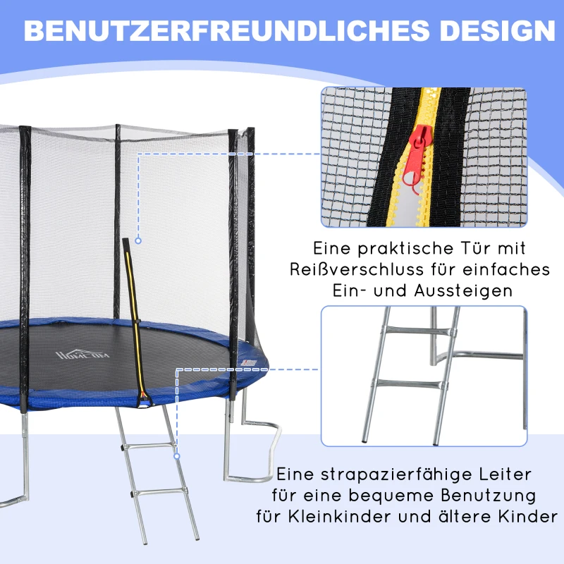 HOMCOM Trampolin Ø345 cm Gartentrampolin mit Sicherheitsnetz Randabdeckung gepolstert Stahl Schwarz+Blau bis 100 kg