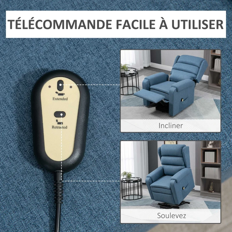 HOMCOM Fauteuil releveur électrique avec repose-pied ajustable et télécommande velours polyester aspect lin bleu