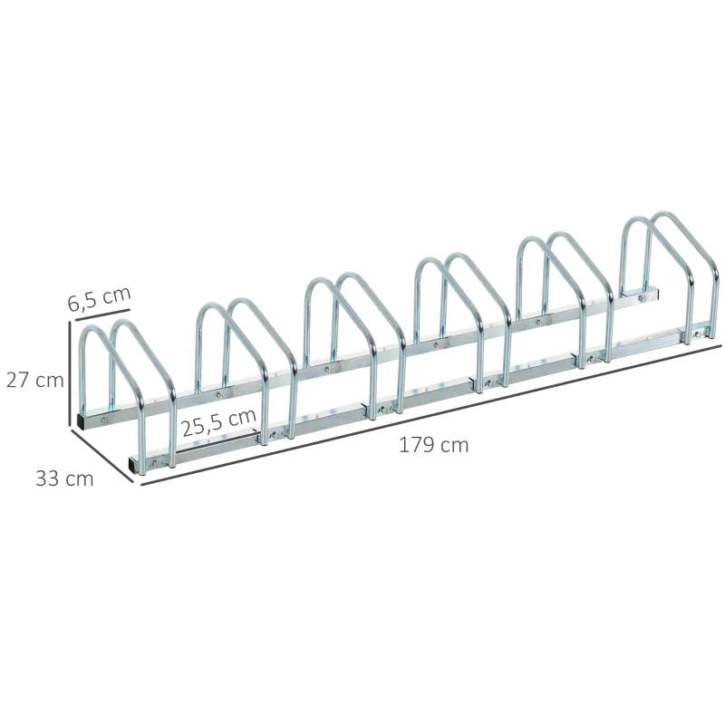 HOMCOM Aparcamiento para 6 Bicicletas Soporte de Acero para Aparcar Bicicletas en el Suelo o Pared 179x33x27 cm Plata