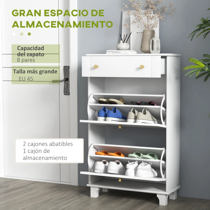 HOMCOM Mueble Zapatero Blanco Zapatero Estrecho con 2 Puertas Abatibles y 1 Cajón para 8 Pares de Zapatos 60x23,5x98,5 cm