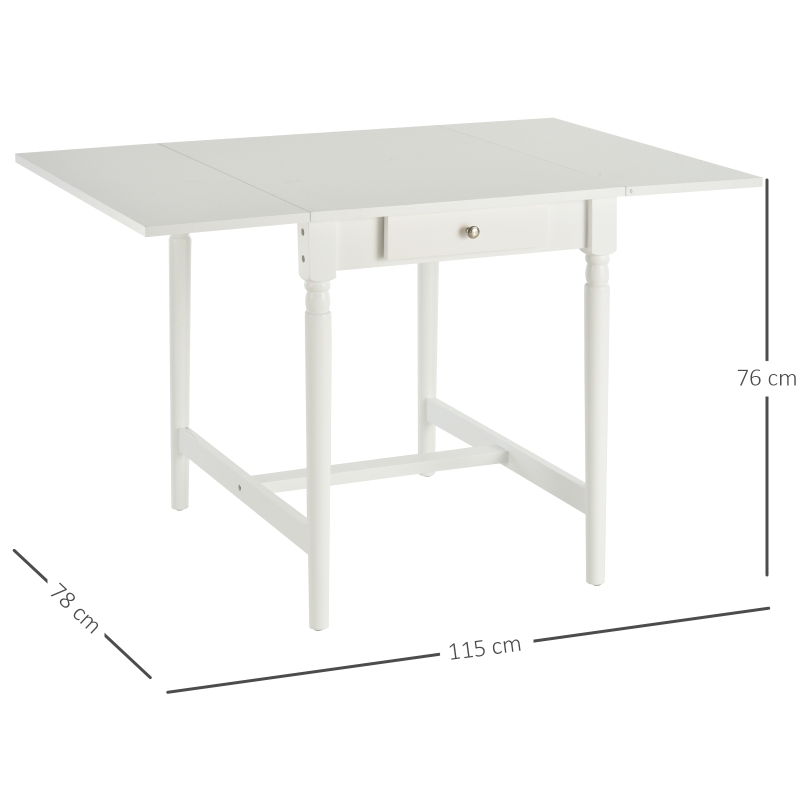HOMCOM Mesa de Comedor Plegable con 2 Tableros Laterales 1 Cajón Estable en MDF Patas Macizas de Madera de Pino Carga 60 kg 115x78x76 cm Blanco