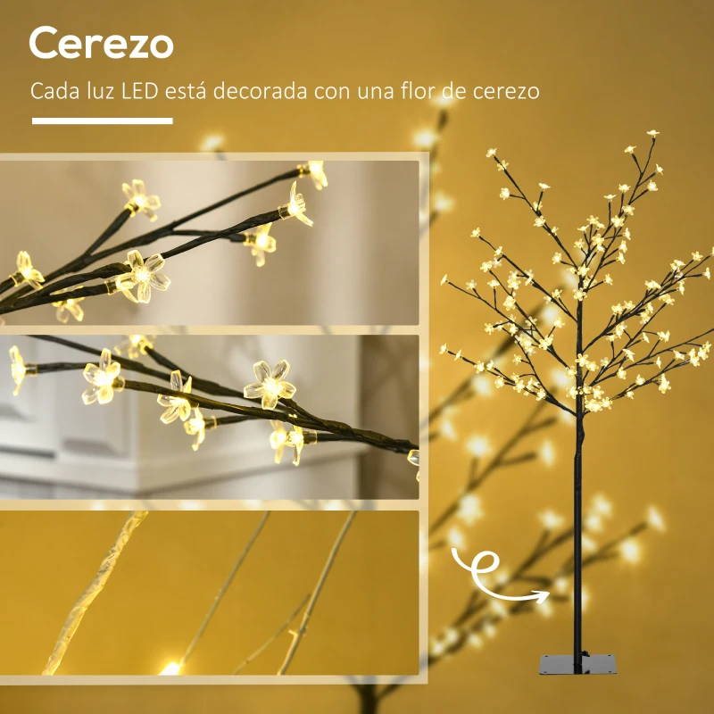 HOMCOM Árbol de Flor de Cerezo con 120 Luces LED IP44 en Blanco Cálido Decoración para Interiores 17x17x120 cm Negro