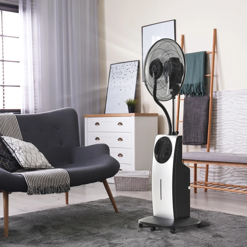 HOMCOM Ventilatore Oscillante con Nebulizzatore Deumidificatore e Telecomando 3 Modalità e Timer 12h Ф44.5cm x 135cm