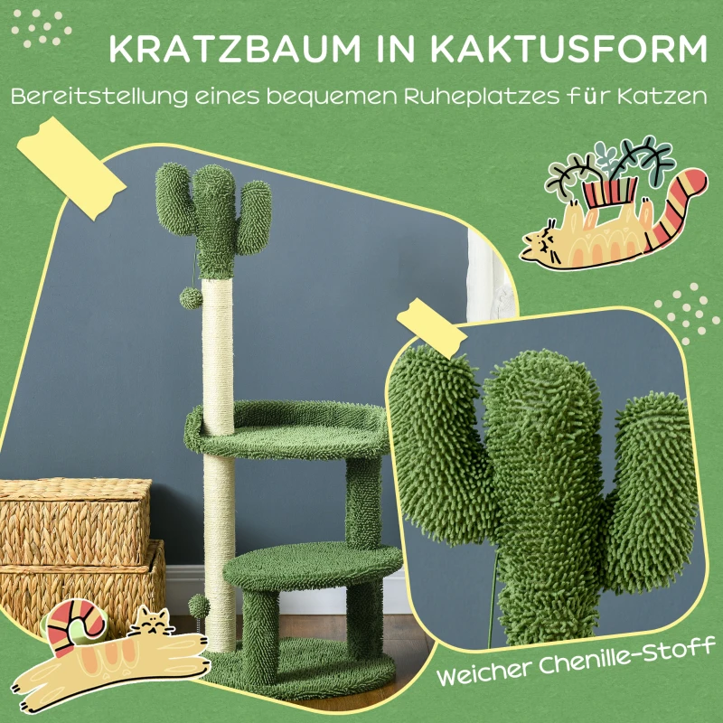 PawHut Kratzbaum im Kaktus-Design, 2 Plattformen, weicher Bezug, 2 Spielbälle, für Indoor, grün, Φ49 x 111cm