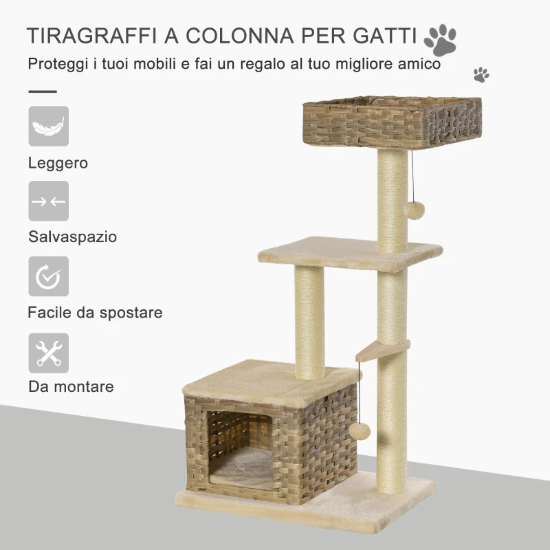 PawHut Tiragraffi a Colonna da 109cm per Gatti fino a 5kg, Albero Tiragraffi con Cuccia, Giochi e Pali in Corda, Beige 60x40x109cm