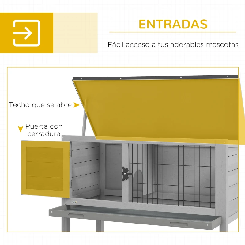 PawHut Conejera de Madera para Mascotas Pequeñas con Bandeja Extraíble y Techo Asfáltico 84x43x70 cm Gris y Negro
