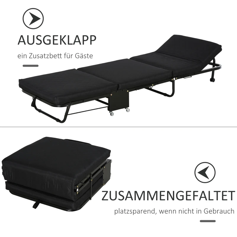 HOMCOM Klappbett 65x184 cm, Erwachsene Gästebett Klappbar mit 6 cm Dicker Schaumstoff, Reisebett mit Metallrahmen, Feldbett mit Rollen und höhenverstellbarem Kopfteil, bis 120 kg belastbar, Schwarz