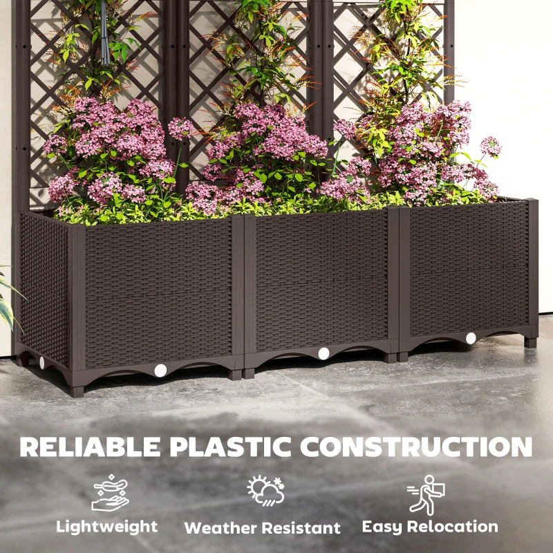 Outsunny Raised Garden Bed with Trellis, Plastic Planter Box with Drainage Holes, Drain Plugs and Water Reservoirs for Climbing Plants, Vegetables, Flowers, Brown