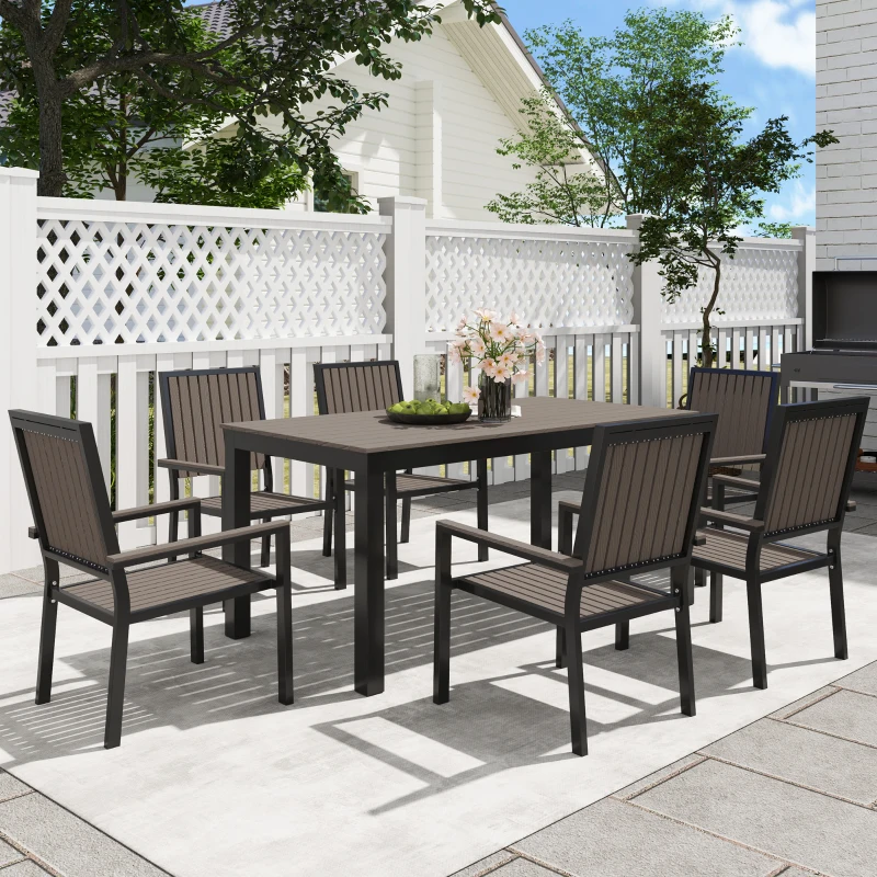 Outsunny 6 Seater Garden Dining Set with Stackable Chairs, Aluminium Frame, Rectangular Plastic Top, Garden Furniture Set, Outdoor Dining Table and Chairs for Patio, Balcony, Poolside, Brown