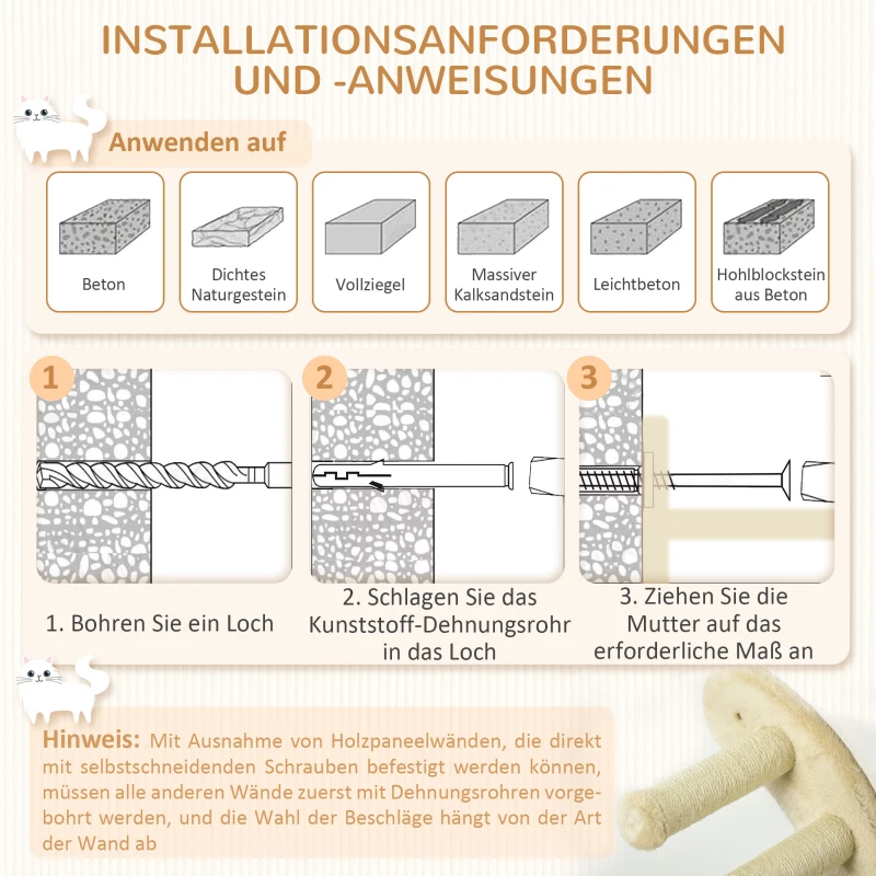 PawHut Katzentreppe, 4-teiliges Set, 3-stufige Sprossenleiter, 2 Plattformen, Hängematte, Plüschbezug, beige