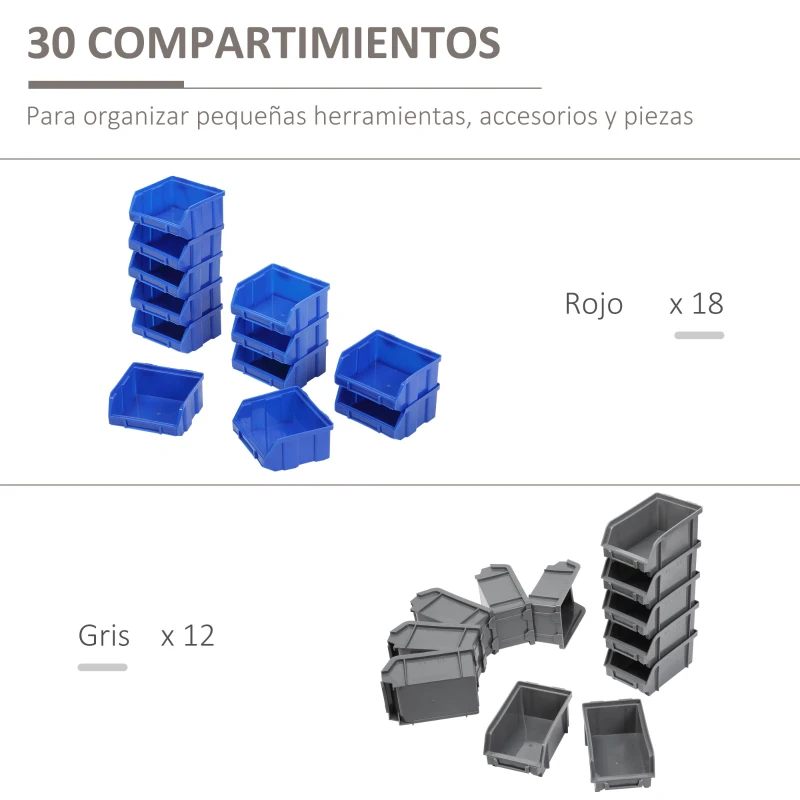 DURHAND Estantería de Pared para Herramientas de 33 Piezas 63x18x37,5 cm con 30 Cajas Desmontable y 2 Paneles Azul y Gris