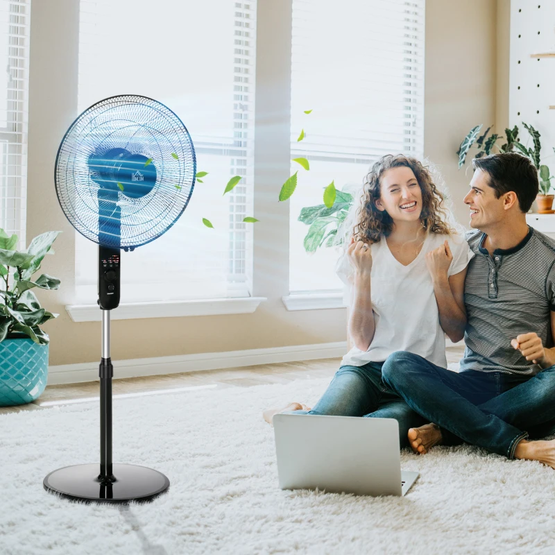 HOMCOM 18" Pedestal Fan, Oscillating Standing Fan with Remote Control, Floor Fan with Adjustable Height, 3 Speed, 7.5-Hour Timer, Black