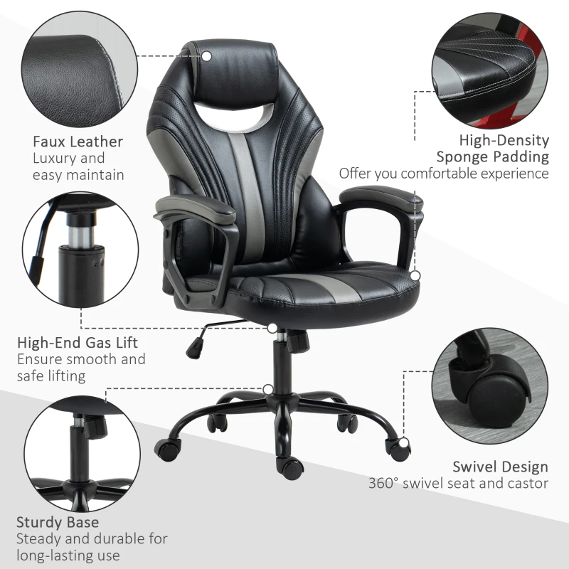 Vinsetto Computer Gaming Chair, Desk Chair with Breathable PU Leather Back and Seat, Soft Padded Armrests, and Rolling Wheels for Adults and Gamers, Black