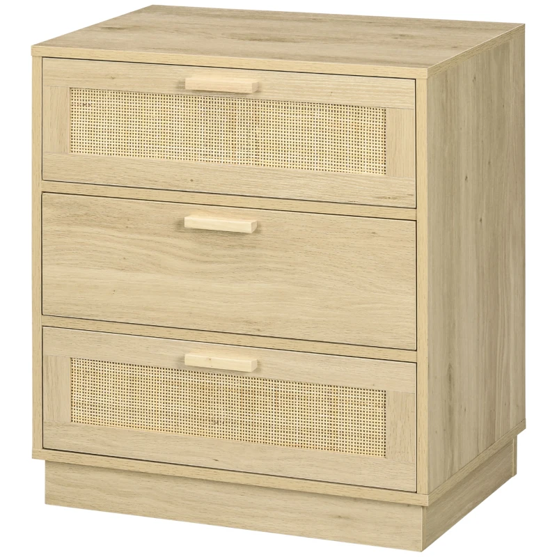 HOMCOM Cómoda con 3 Cajones de Rejilla de Ratán Cajonera de Madera para Dormitorio Estilo Cannage Bohemio 60x38x69 cm Natural(m-10)