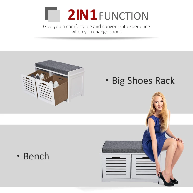 HOMCOM Shoe Storage Bench with 2 Drawers & Removable Grey Seat Cushion Hallway Organisation furniture
