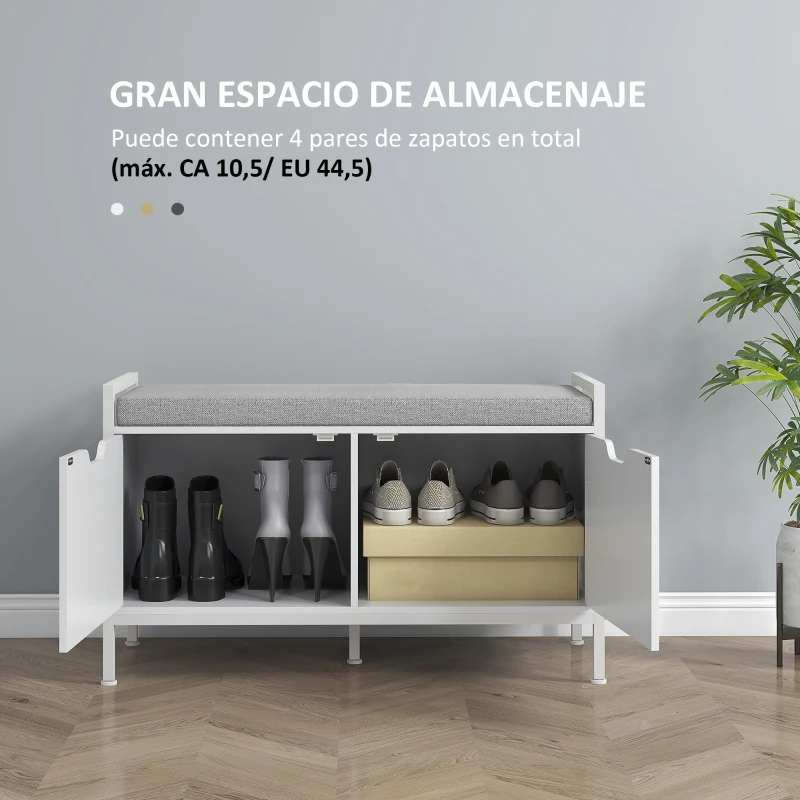 HOMCOM Banco Zapatero para Entrada Recibidor con Asiento Cojín Extraíble para 4 Pares de Zapatos 84x35x50 cm Blanco