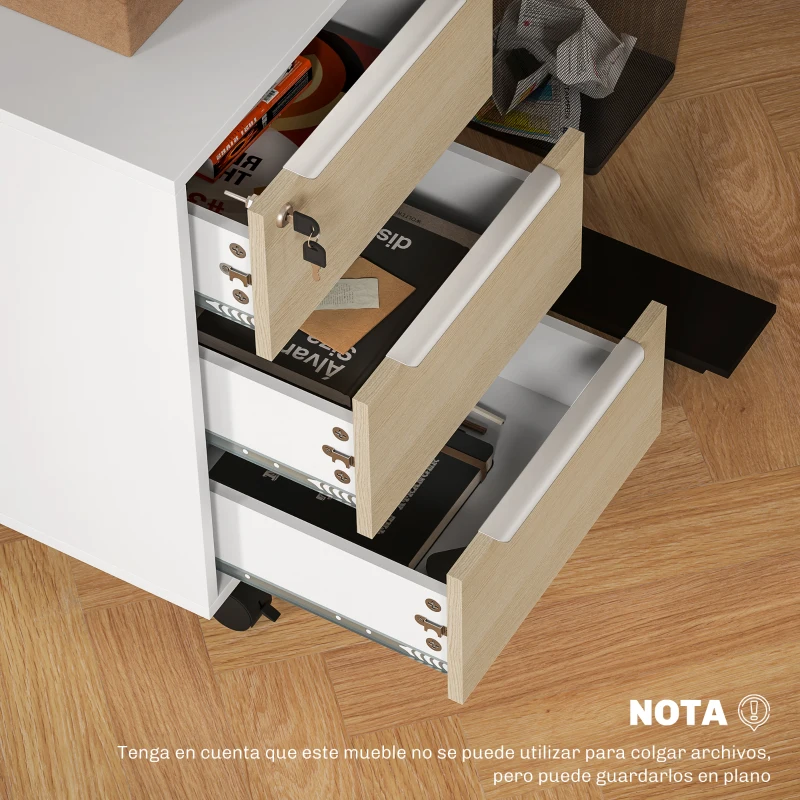 HOMCOM Mueble Archivador con Ruedas 3 Cajones Cerradura y 2 Llaves para Estudio Salón 40x40x63,5 cm Blanco y Roble