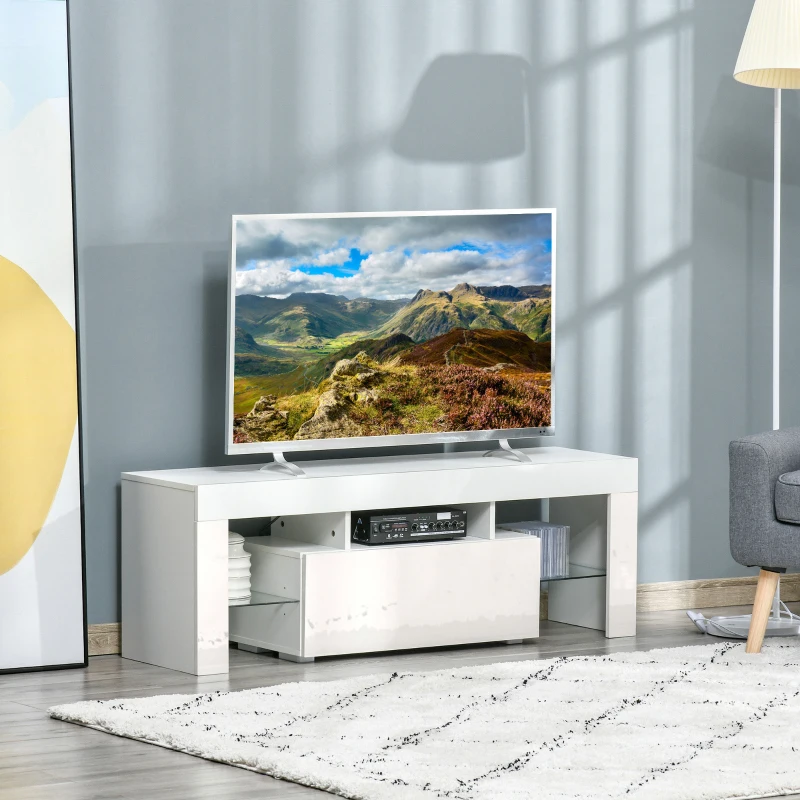 HOMCOM High Gloss TV Stand Cabinet with LED RGB Lights and Remote Control for 43"/50"/55" TV, Media TV Console Table with Storage Compartment, White