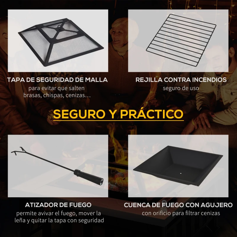 Outsunny Brasero Exterior de Metal Hoguera Multifuncional tipo Calentador 3 en 1 como Pozo de fuego/BBQ/Cubo de Hielo para Terraza Patio y Jardín 86x86x54 cm