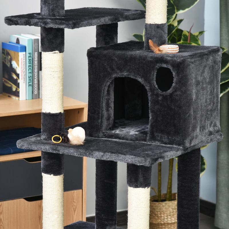 PawHut Árbol para Gatos Centro de Múltiples Actividades de Mascotas con Postes de Rascador Sisal Canasta Hamaca Hábitat Bolas Colgantes Habitación 49x49x155 cm Gris Oscuro