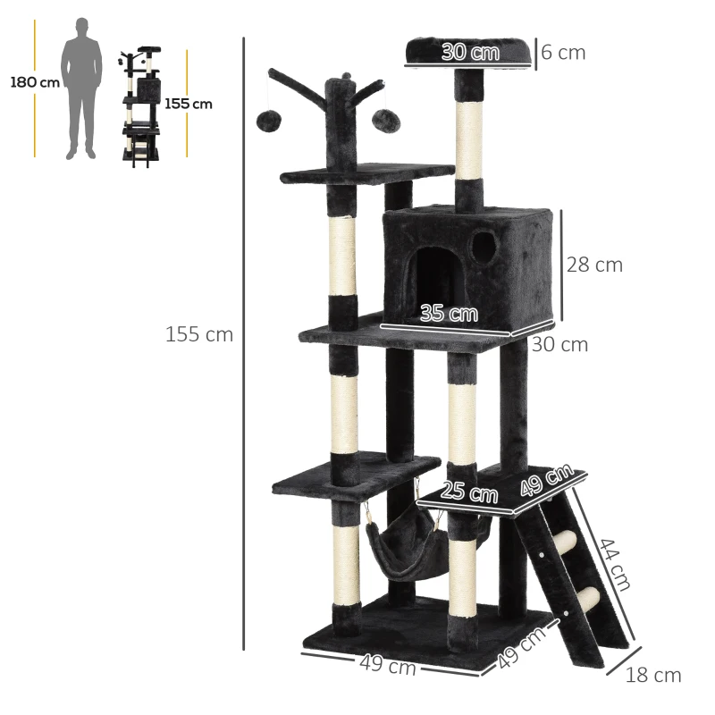 PawHut Árbol para Gatos Centro de Múltiples Actividades de Mascotas con Postes de Rascador Sisal Canasta Hamaca Hábitat Bolas Colgantes Habitación 49x49x155 cm Gris Oscuro