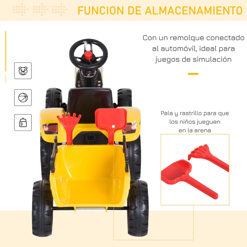 HOMCOM Tractor Pedal con Remolque para Niños 3 Años Juguete de Montar Coche de Pedales Carga 35 kg 133x42x51 cm Amarillo