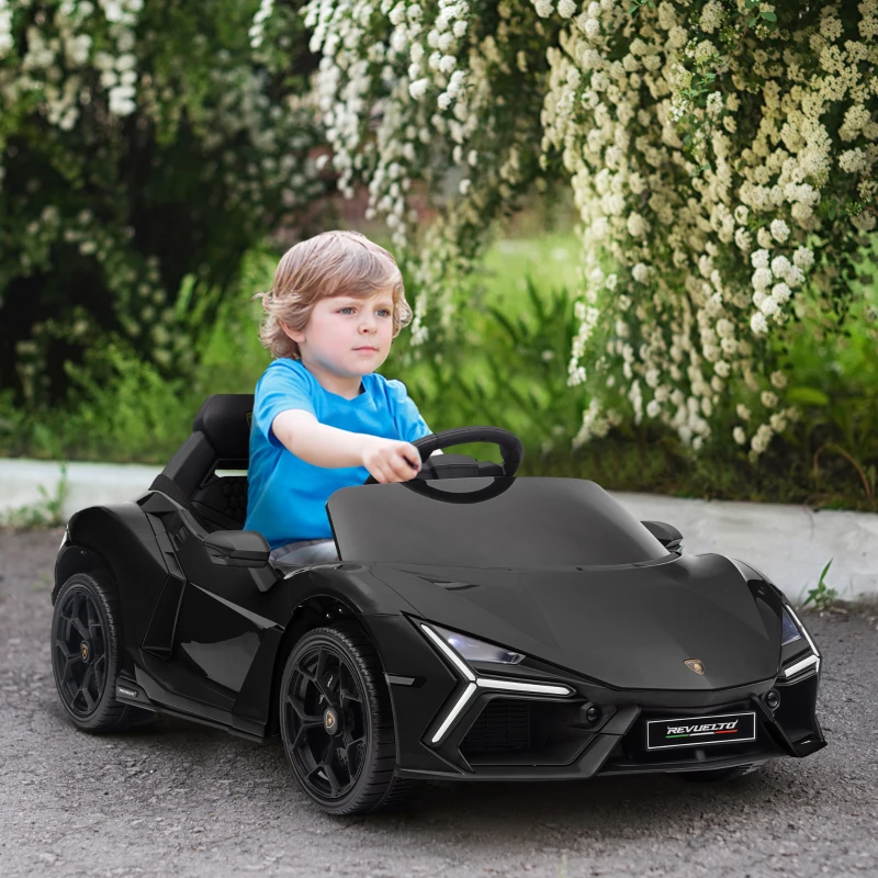 AIYAPLAY Lamborghini Revuelto Licensed 12V Ride on Car w/ Butterfly Doors, Transport Wheels, Suspension, Remote Control, Black
