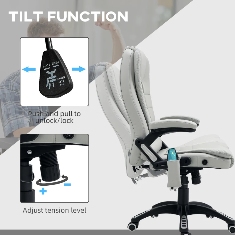 HOMCOM 6-Point Massage Office Chair with Seat Heated for Home Office, PU Leather High Back Executive Desk Chair with Adjustable Height and 360° Swivel for Work Study, Light Grey