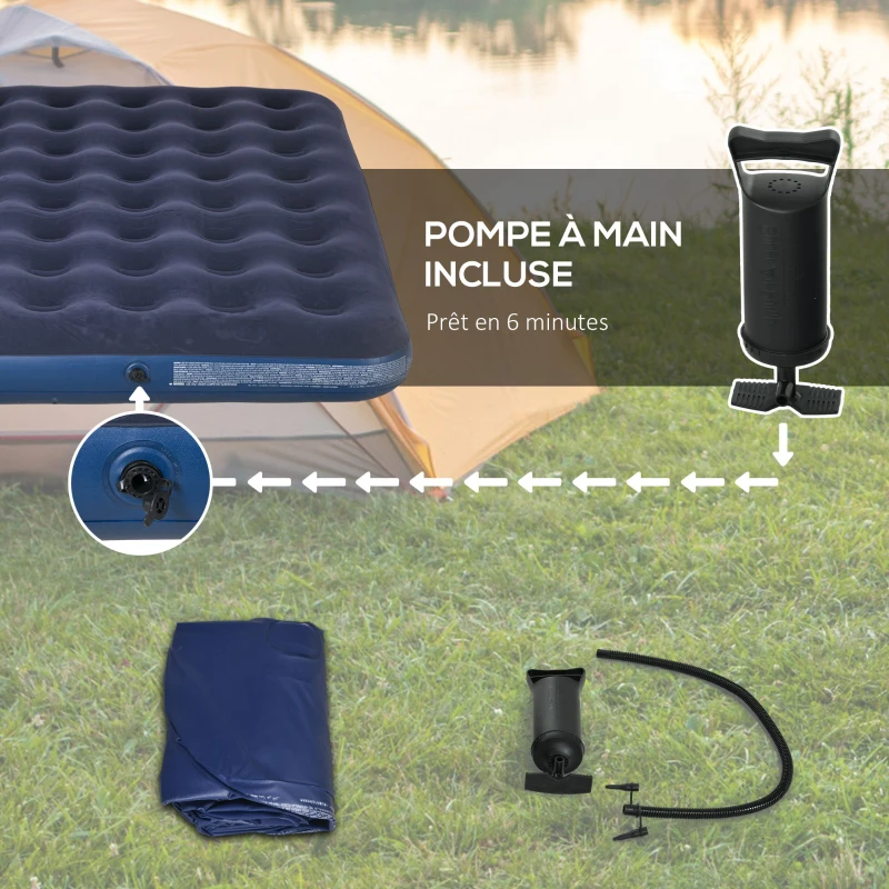 Outsunny Matelas gonflable 2 personnes matelas pneumatique avec pompe à main intégrée, surface floquée, bleu