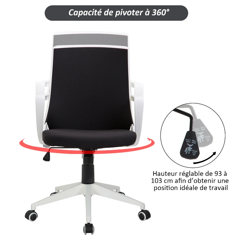 HOMCOM Fauteuil chaise de bureau ergonomique grand confort pivotant 360° hauteur réglable textilène noir blanc