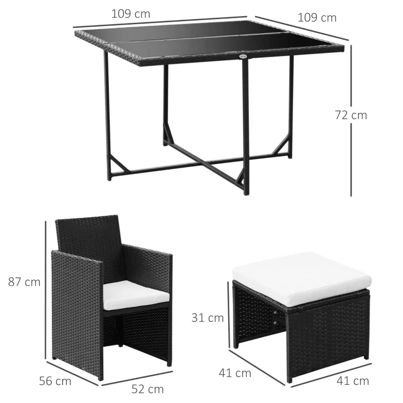 Outsunny Conjunto de Muebles de Jardín Comedor 9 Piezas de Ratán Apilables con Cojines para Terraza 1 Mesa 4 Sillas y 4 Taburetes de Exterior Elegante Negro