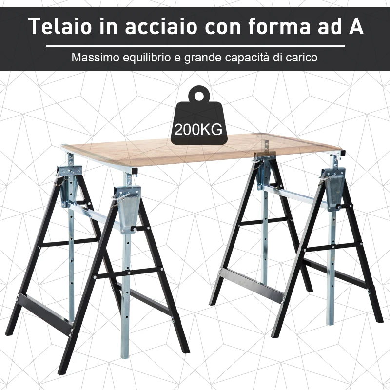 HOMCOM Set 2 Cavalletti da Lavoro Pieghevoli Portata 200 kg, Altezza Regolabili 80-130 cm, Cavalletti Telescopici Salvaspazio in Acciaio per Fai da Te, Garage e Giardino, Nero