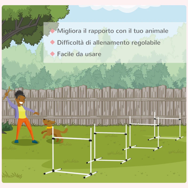 PawHut Set di 4 Ostacoli Agility Dog per Addestramento Cani con Sacca di Trasporto, Altezza delle Barre Orizzontali Regolabili, 99x65x94cm
