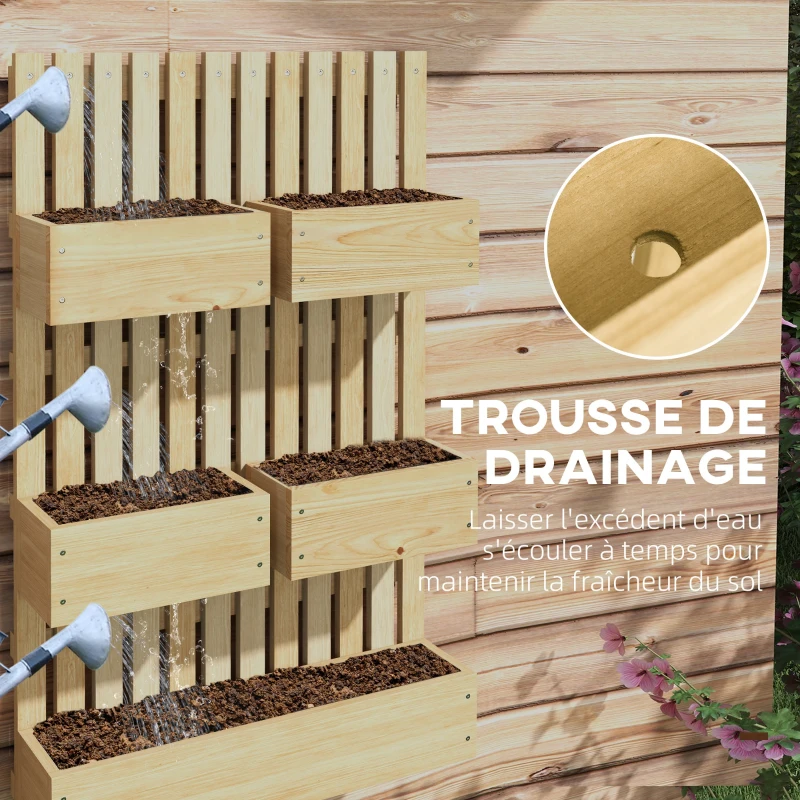 Outsunny Jardinière murale potager avec 5 bacs treillis en bois massif amovibles 60 x 16 x 100 cm(m-6)