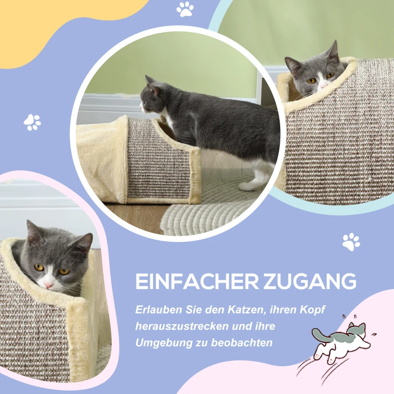 PawHut Katzentunnel mit 3 Öffnungen, plüschig, Sisal-Kratzseil, 107x38x29 cm, Beige/Grau