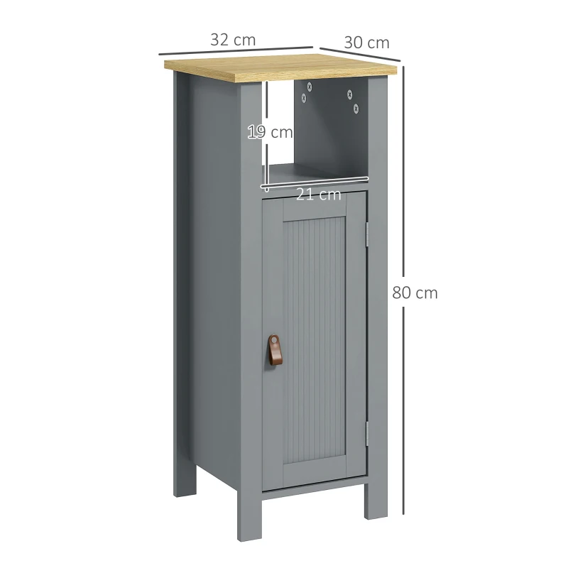 kleankin Meuble de salle de bain sur pied avec placard à 2 niveaux étagère réglable poignées en similicuir 32 x 30 x 80 cm gris