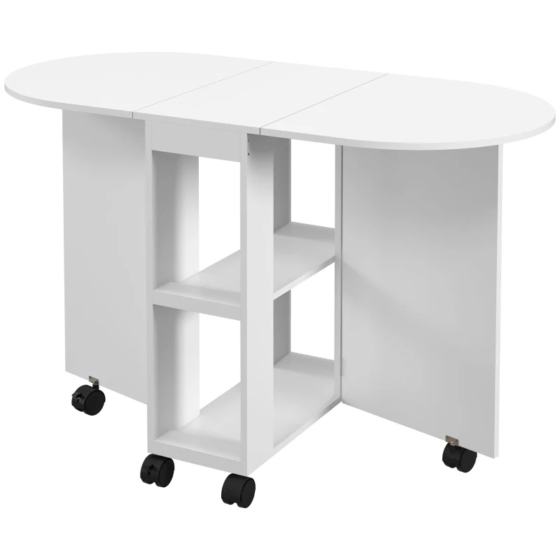 HOMCOM Mesa de Comedor Plegable con Ruedas Mesa de Cocina con Alas Abatibles y 2 Estantes Abiertos 120x60x77 cm Blanco(m-10)