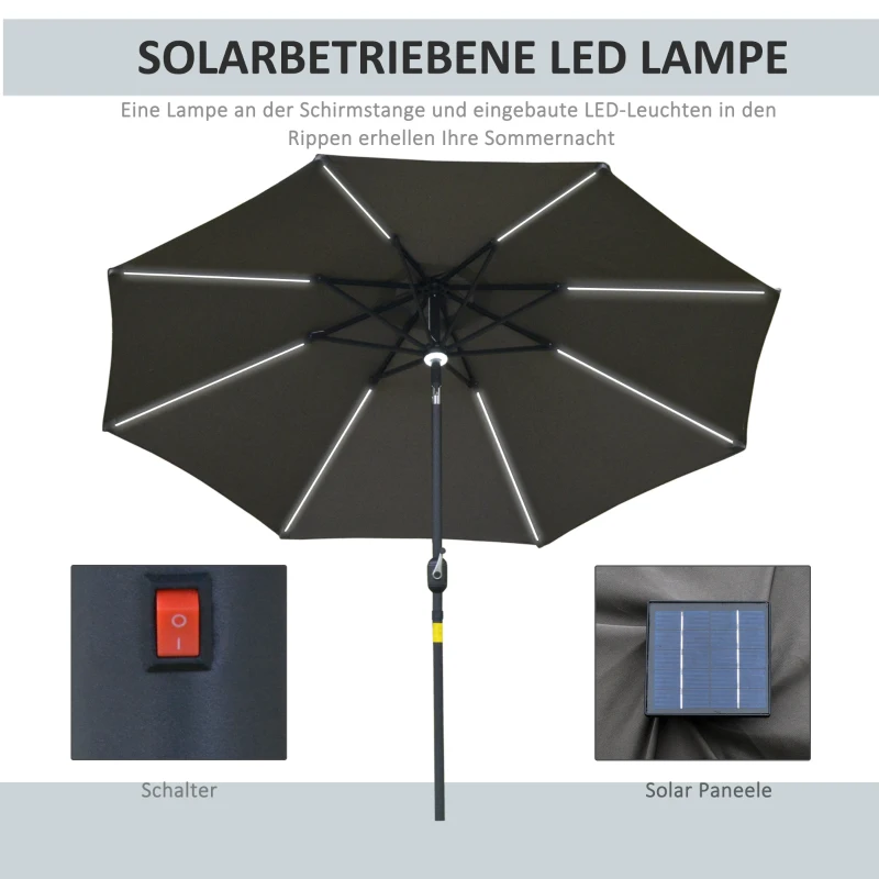 Outsunny Sonnenschirm im Freien Gartenschirm mit Solarbeleuchtung LED Sonnenschutz Stahl Aluminum Polyester Dunkelgrau Ø270 x 245H cm