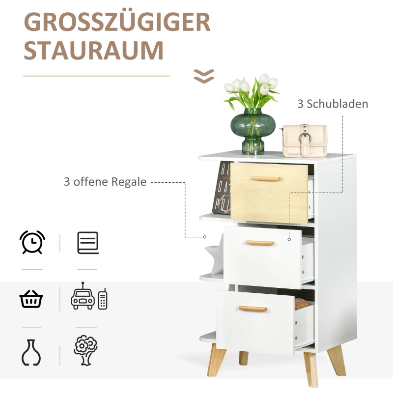 HOMCOM Sideboard Kommode Schrank mit 3 offenen Ablagen Schubladen Aufbewahrungsschrank Mehrzweckschrank für Wohnzimmer Schlafzimmer Weiß+Natur 60 x 40 x 100 cm