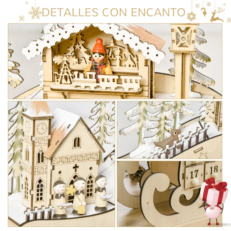 HOMCOM Calendario de Adviento de Navidad con Luces y 24 Cajones Decoración Navideña Modelo Trineo 45x10x31 cm Madera Natural