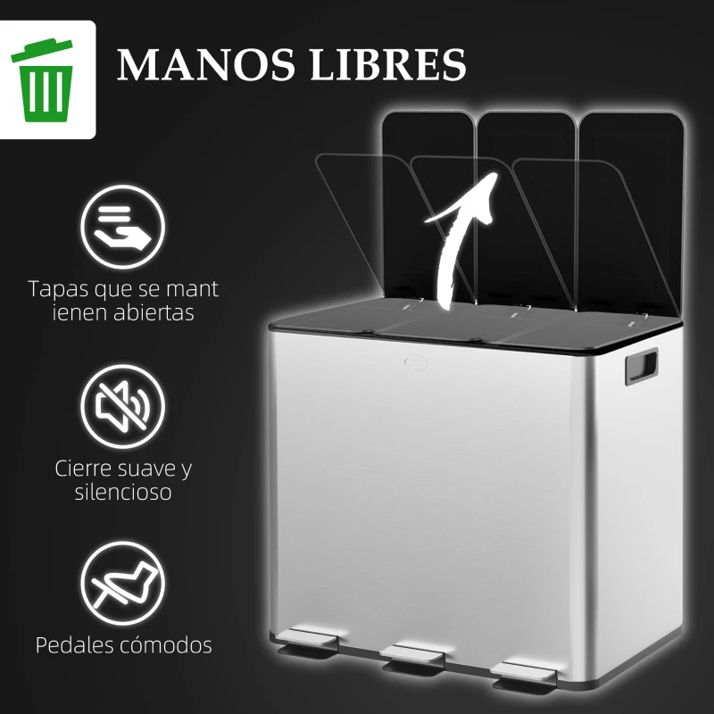 HOMCOM Papelera Cocina de Acero Inoxidable con 3 Compartimentos 3x10L con Pedales Tapas de Cierre Suave y Cubo Extraíble Plata