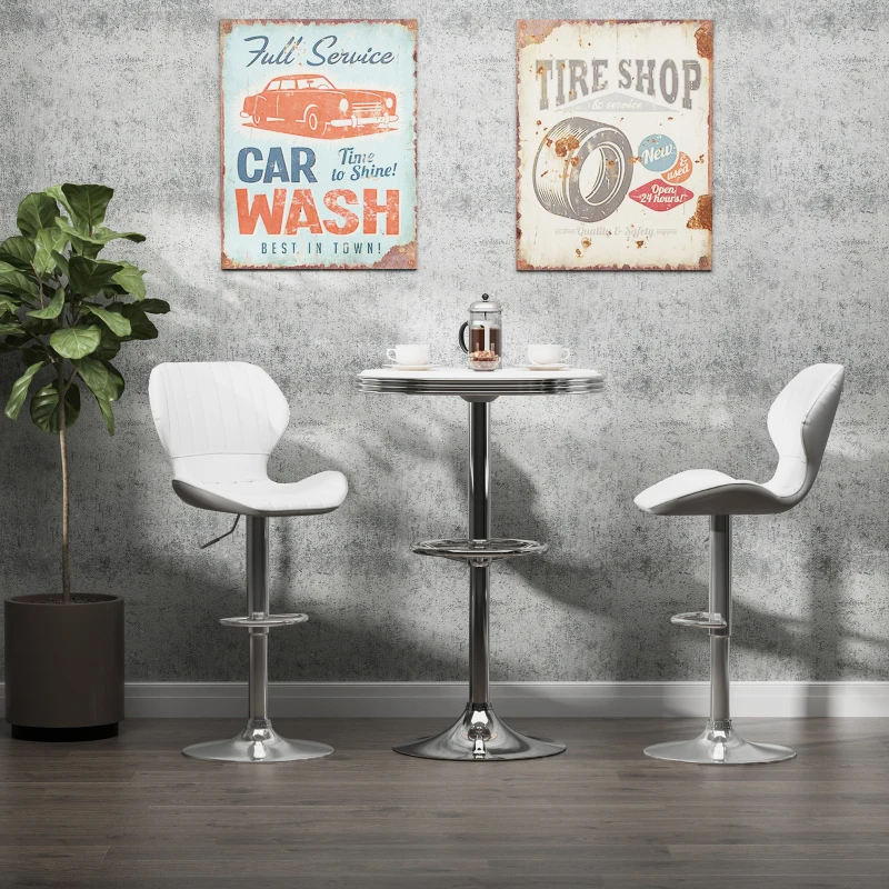 HOMCOM Juego de 2 Taburetes Altos de Cocina y Giratorio Taburetes Altos de Cuero Sintético con Respaldo y Estructura de Metal 47x51,5x92-114 cm Blanco