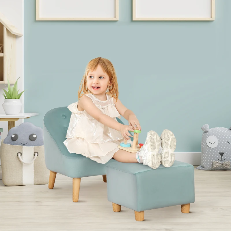 HOMCOM Kindersessel mit Ottomane für Kinder von 3 bis 5 Jahren Niedliches Design Samtoptik 51 cm x 51 cm x 50 cm Grün