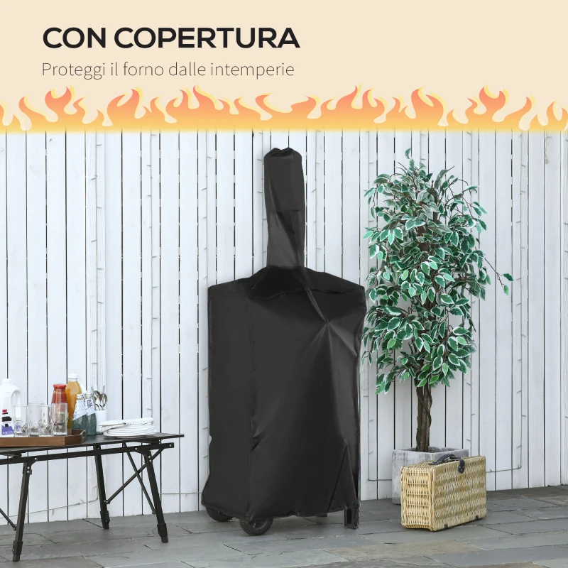 Outsunny Forno per Pizza e Barbecue a Carbone Portatile in Acciaio con Camino e Ruote, 63x54x161 cm, Nero