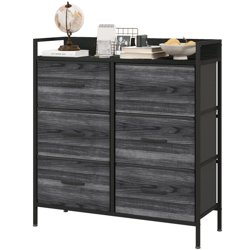 HOMCOM Rustic Chest of Six Fabric Drawers - Black