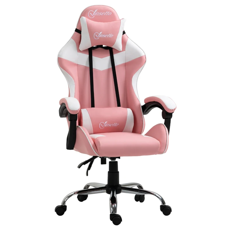 Vinsetto Sedia da Gaming Ergonomica con Poggiatesta, Altezza Regolabile e Reclinabile, Poltrona Girevole con Ruote, 63x67x119-127cm, Rosa