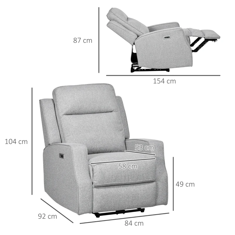 HOMCOM Sillón Relax de Salón Sofá Reclinable con Reclinación hasta 150° Reposabrazos y USB Carga 136 kg 84x92x104 cm Gris