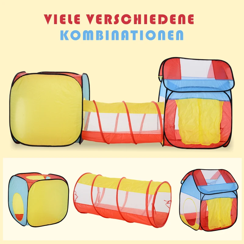 HOMCOM Pop up Kinderspielzelt, 3-teiliges Kinderzelt, Faltbares Babyzelt, Tunnel, Polyester, 230 x 70 x 89 cm