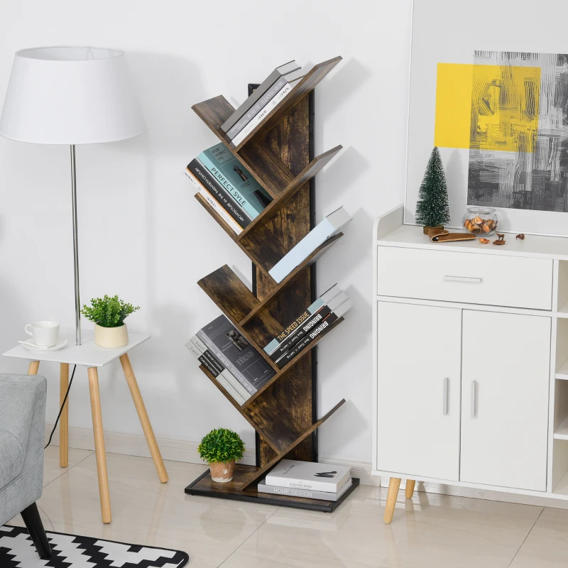 HOMCOM Libreria ad Albero in Legno, Scaffale Salvaspazio a Colonna con 10 Ripiani in Stile Industriale, 50x28x142cm