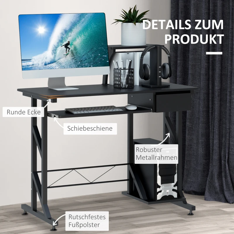 HOMCOM Computertisch Arbeitstisch mit Regalen und Schubladen Schreibtisch Bürotisch Platzsparend stabil Metall MDF Schwarz 90 x 50 x 95 cm